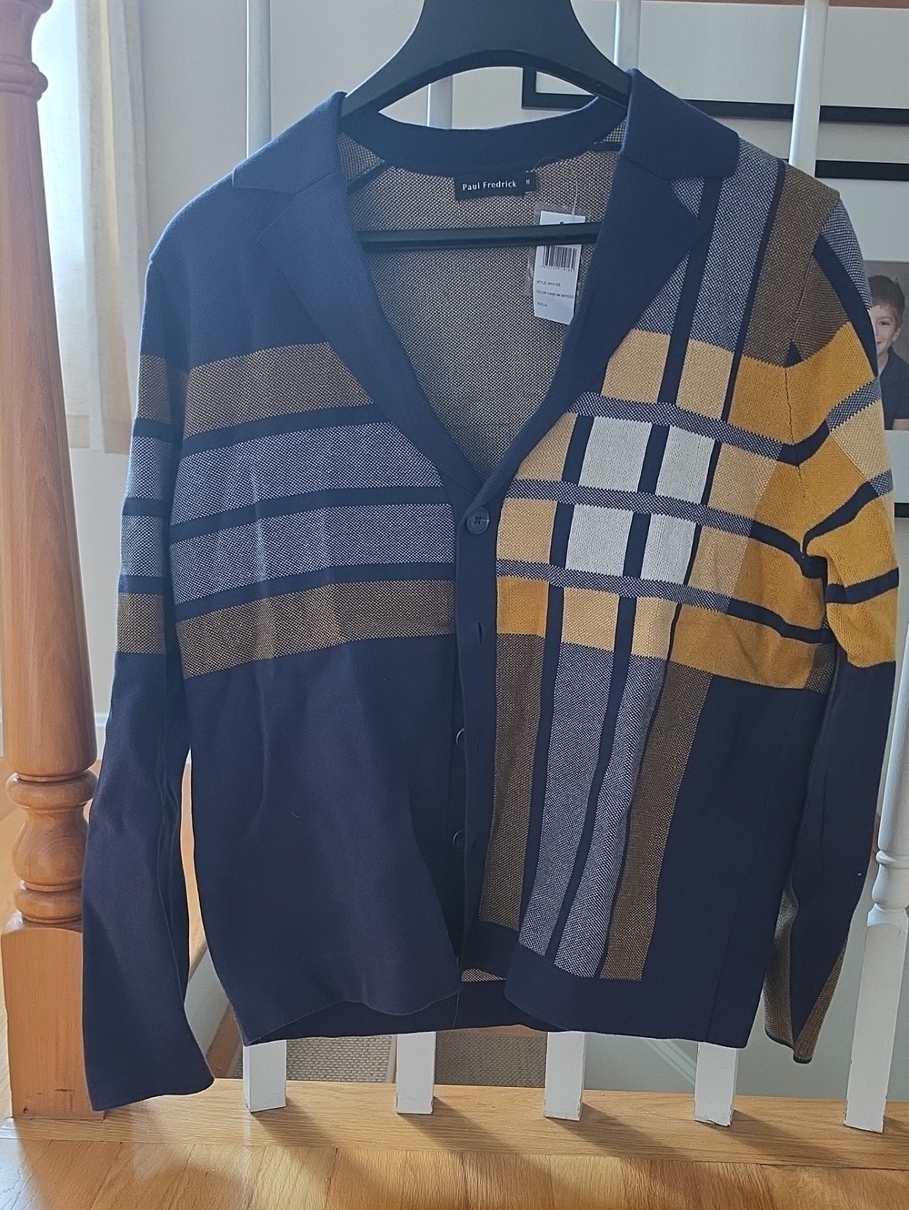 Paul Fredrick Navy, Mustard & Gray Geometric-Striped Men’s Cardigan